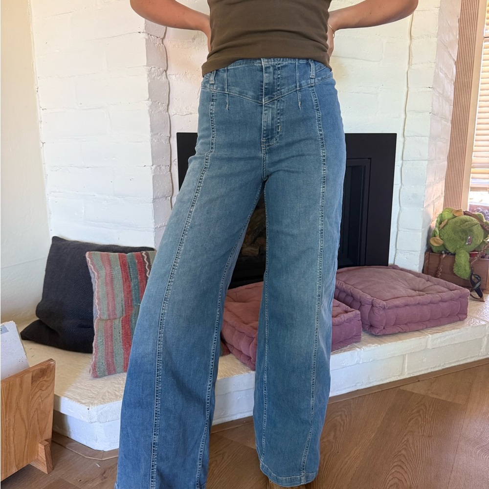High-Rise Wide Leg Free People Jeans in Washed Blue